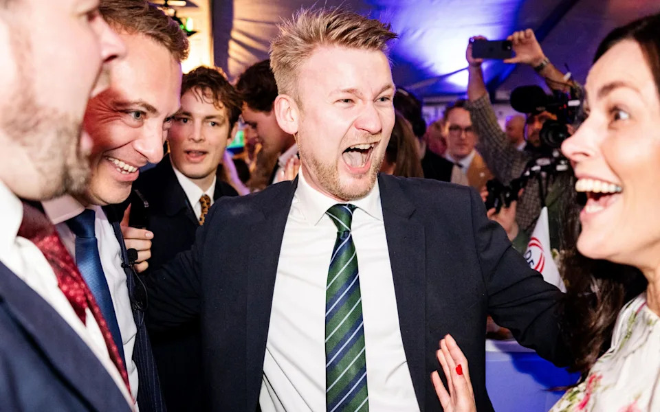 Peter Kofod, an MP for the Danish People's Party, celebrates a surge for his party