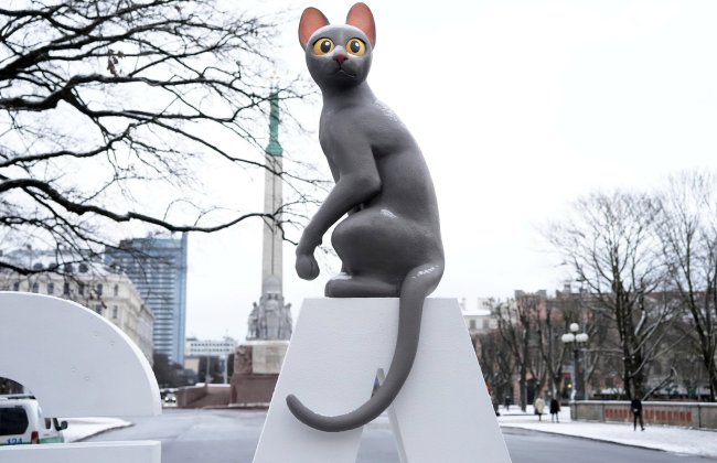 'Flow' Cat Statue in Riga Latvia Celebrates Best Animated Film