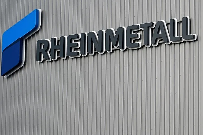 The logo of German arms manufacturer Rheinmetall is pictured in Unterlüß, 27 August, 2025