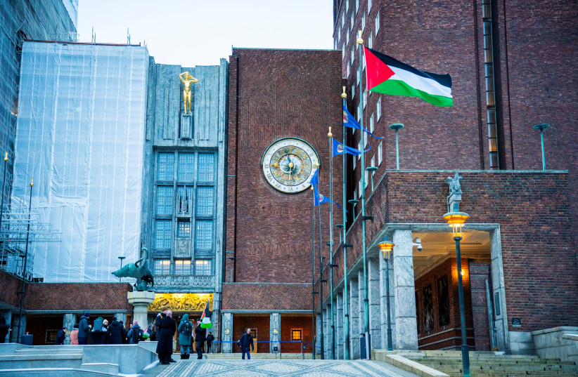 The Palestinian flag was raised in the courtyard outside Oslo City Hall on Wednesday morning in Oslo, Norway, November 29, 2023.