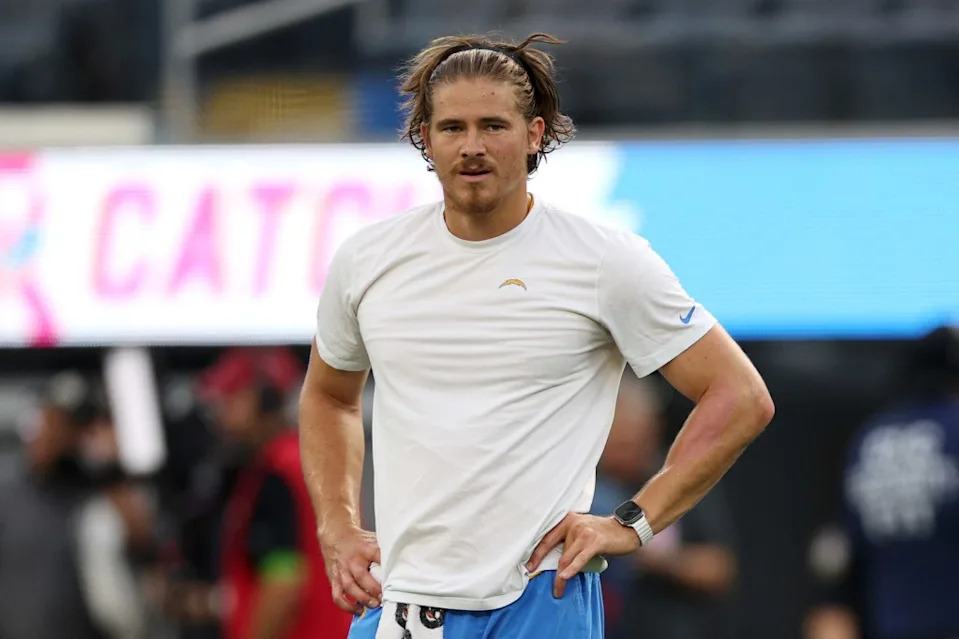 Justin Herbert #10 of the Los Angeles Chargers reacts before the game against the Dallas Cowboys at SoFi Stadium on October 16, 2023 in Inglewood, California. Getty Images