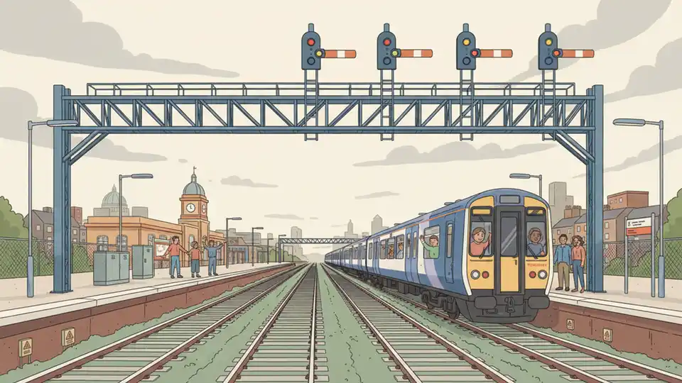 A modern railway signal gantry at Denmark Hill station under overcast London skies, with multiple rail tracks visible and a stationary train in the middle distance