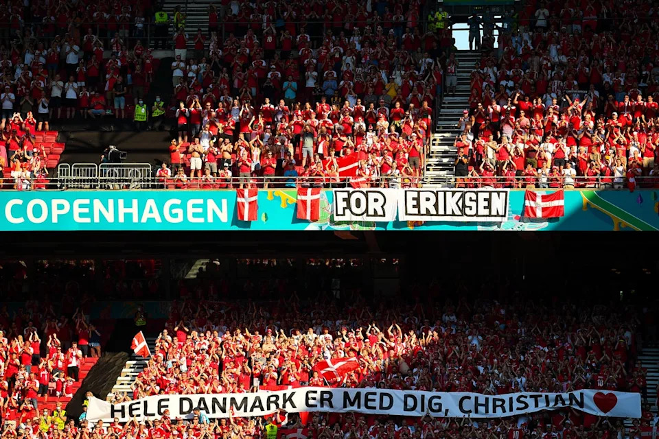 Fans at the Uefa Euro 2020 Championship Group B match between Denmark and Belgium (Getty)