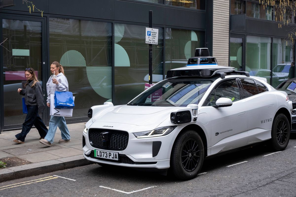 Waymo autonomous driving mapping vehicle on 3rd April 2026 in London, United Kingdom. Waymo LLC is an American autonomous driving technology company. Waymo is not currently operating driverless taxi services in the UK. However testing and mapping in London has begun with drivers in Jaguar vehicles. (photo by Mike Kemp/In Pictures via Getty Images)