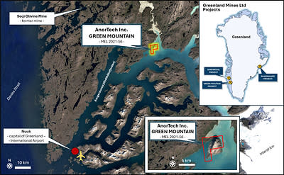 Location of the AnorTech Green Mountain massive anorthosite project in Southwest Greenland – accessible by the deep-water fjord Kangersuneq (Godthåbsfjorden / Nuuk Fjord) only 80 km northwest of the capital Nuuk and its International Airport. The ‘Green Mountain’ clear-white colored characteristics makes the deposit visible from space – forming a massive very large anorthosite mass that through its unique characteristics and AnorTech’s patented technology can be used to produce sustainable smelter grade alumina (“SGA”) and high purity alumina (“HPA”), CO2-free cement and related industrial materials.