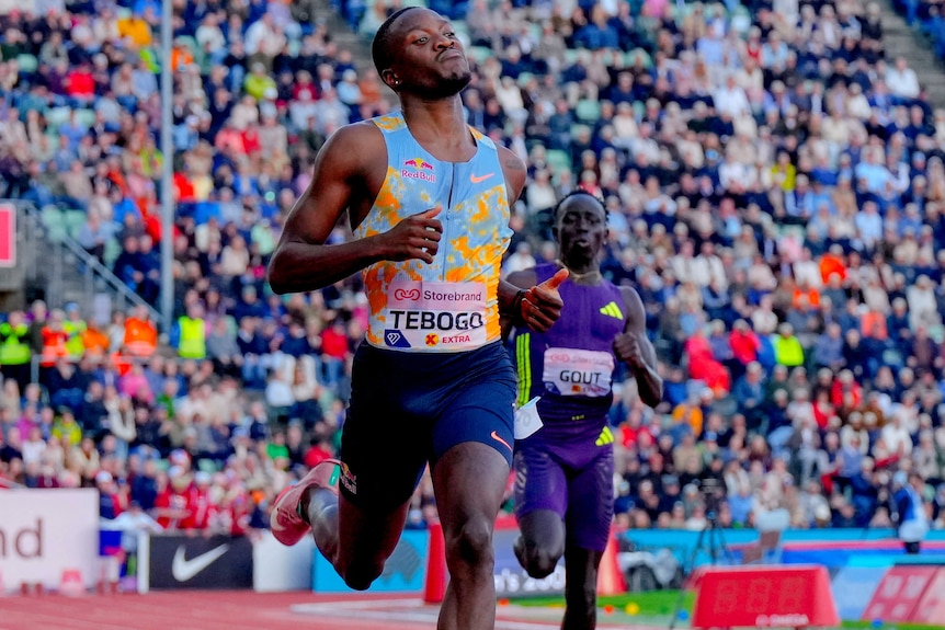 Letsile Tebogo crosses the line in first place ar Oslo Diamond League meet.