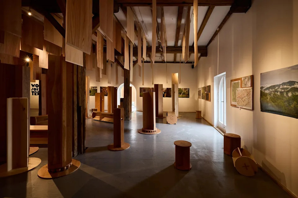 exhibition space featuring wooden sculptures and photographs