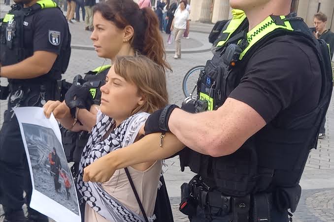 Why did Greta Thunberg join a protest at the Rheinmetall factory in Berlin?