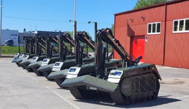 Milrem Robotics’ THeMIS unmanned ground vehicles outside a company facility in Tallinn. The Estonian manufacturer supplies the vehicles to Ukraine. Photo: Milrem.
