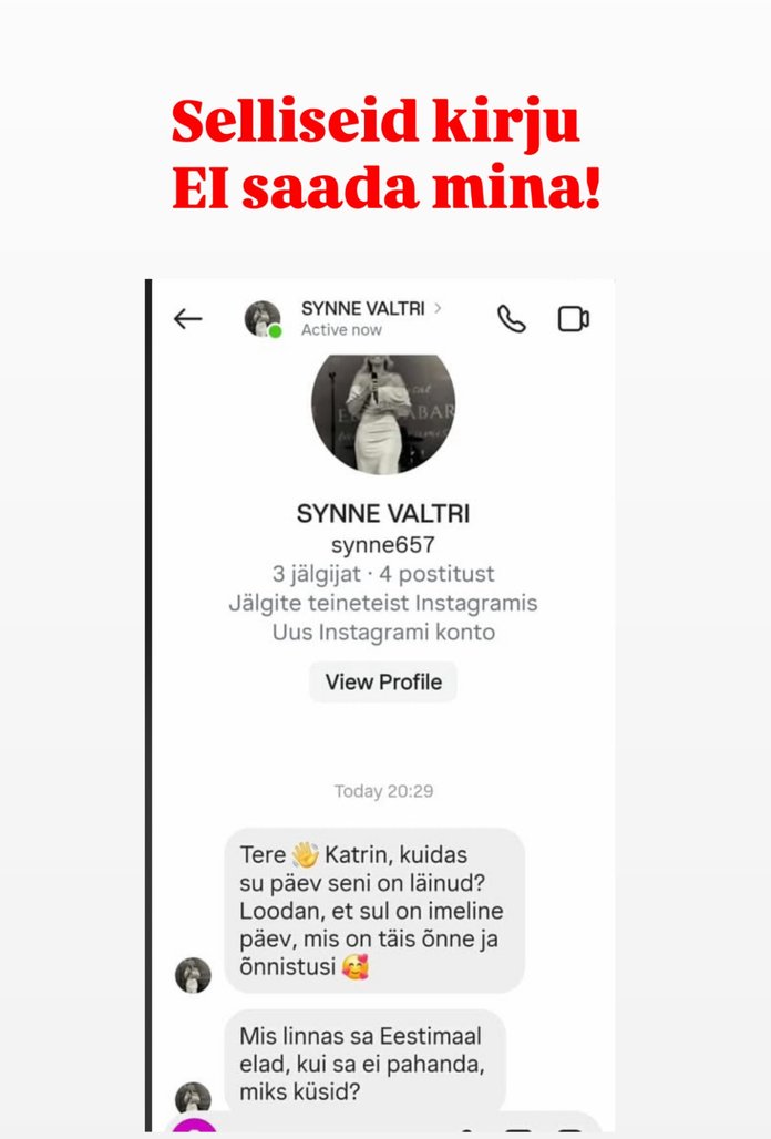 KUVATÕMMIS KELMI KIRJAST Võõras esitleb end Synne Valtrina ja kirjutab lauljatari jälgijatele kahtlase sisuga sõnumeid. 