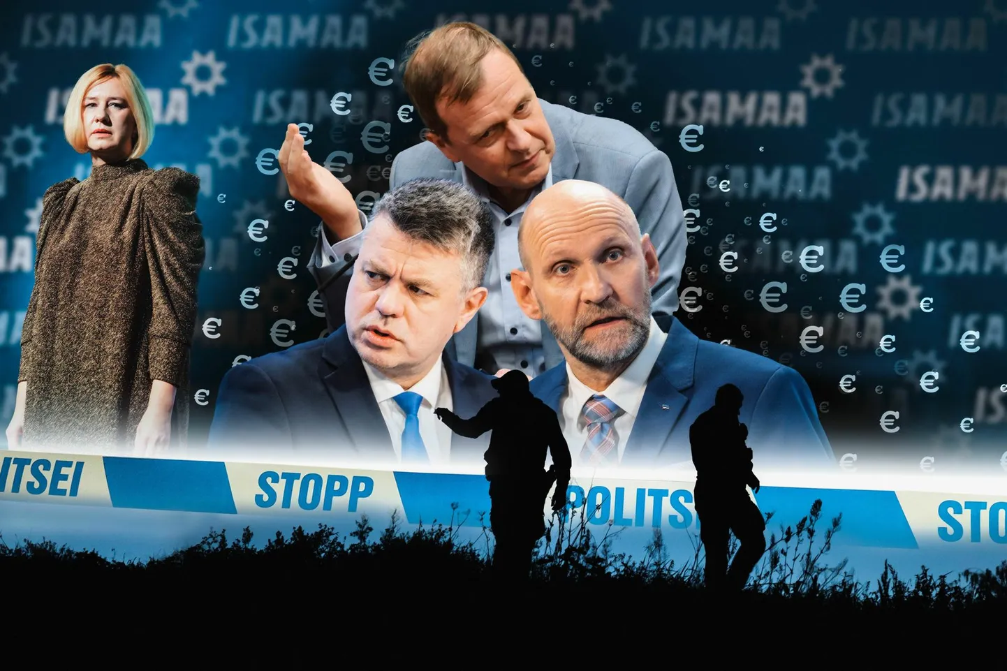 Postimees kirjutas aprillis, et selles, et Parvel Pruunsild (keskel üleval) igal aastal järjepidevalt Isamaale kui erakonnale suuri summasid annetab, võib olla sama kindel kui päikse loojumises läände. Keskkriminaalpolitsei menetluses võivad uurimise all olla aga alternatiivkanalitest tehtud annetused ajal, mil Lavly Perlingu (vasakul) Parempoolsed pidasid sisesõda esimehe Helir-Valdor Seedri (paremal all) Isamaa tiivaga. Praegune esimees Urmas Reinsalu (vasakul all), nagu ka paljud isamaalased, ei teadnud, et erakond oleks keelatud annetuse tõttu uurimise all.