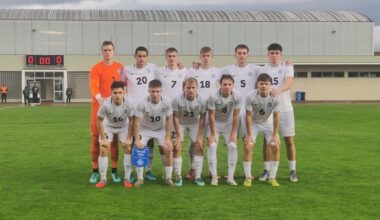 Eesti U19 koondise algkoosseis Belgia vastu. Foto: EJL