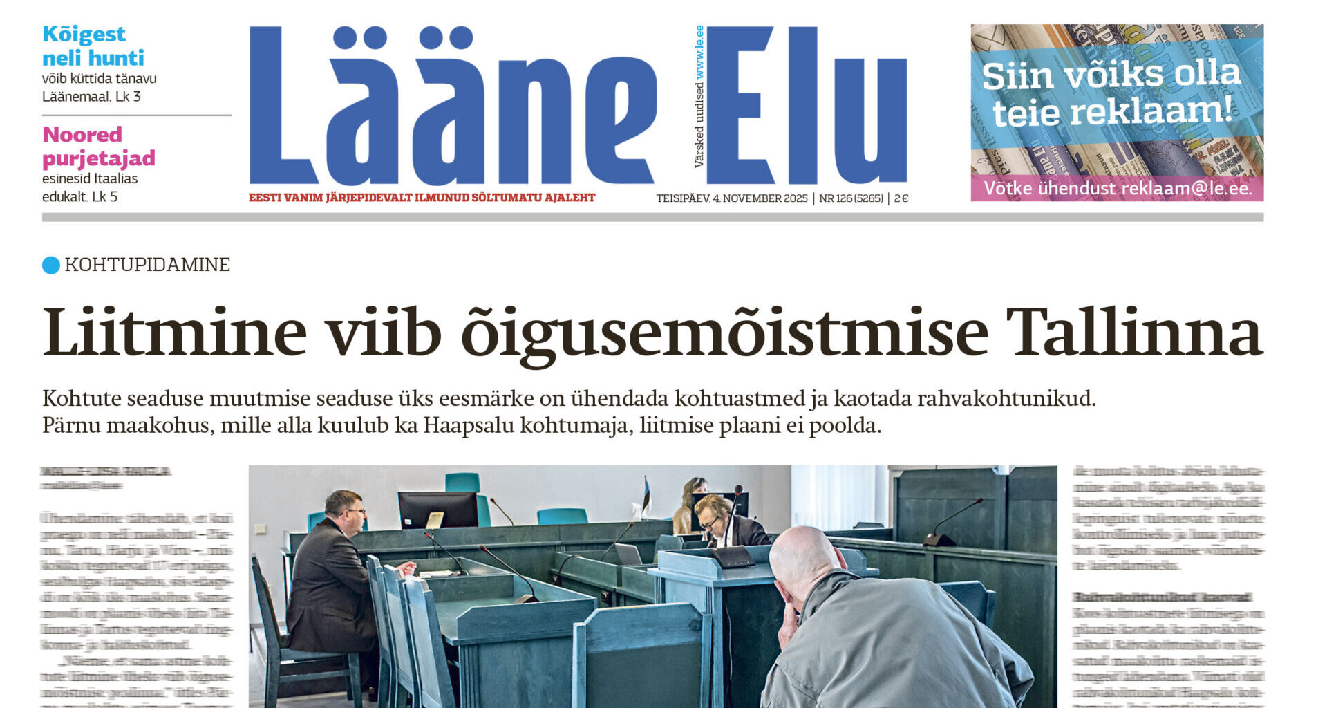 Lääne Elu paberleht teisipäeval, 4. novembril