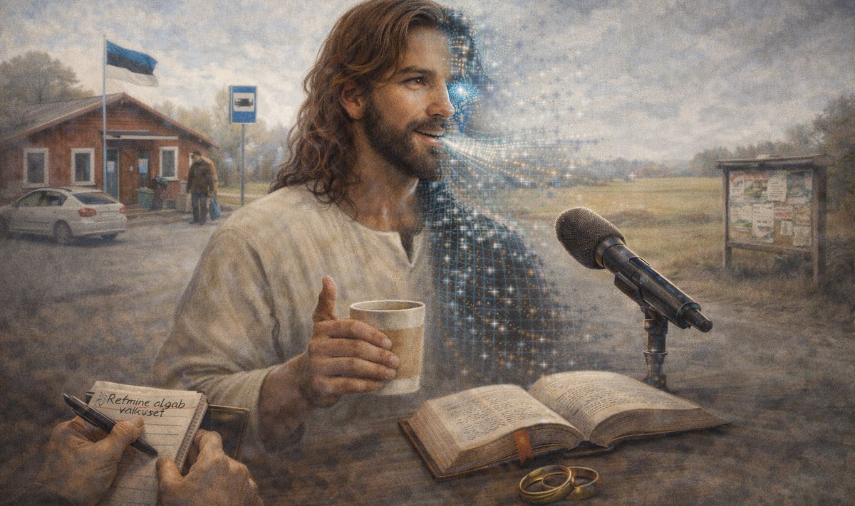 Jeesus kujutatuna tänapäevases vormis – osaliselt inimene, osaliselt tehisaru. Külapoe, märkmiku, piibli ja uduseks jäävate sümbolite kaudu põimuvad usk, ajakirjandus, kahtlus ja tänapäeva Eesti küsimused.