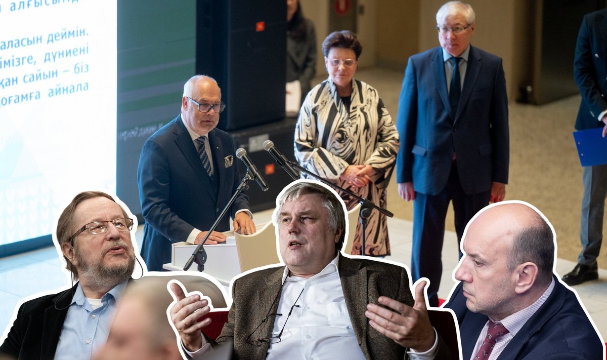 Taustal president Alar Karis Kasahstani visiidil kõne pidamas. Eespool endised suursaadikud (vasakult) Harri Tiido, Alar Streimann, Kalev Stoicescu