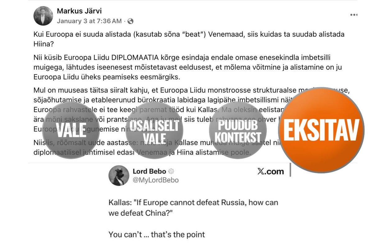 FAKTIKONTROLL | Kaja Kallas ei öelnud, et Euroopa Liit tahab Venemaa järel alistada Hiina. Objektiivi peatoimetaja ajab pada