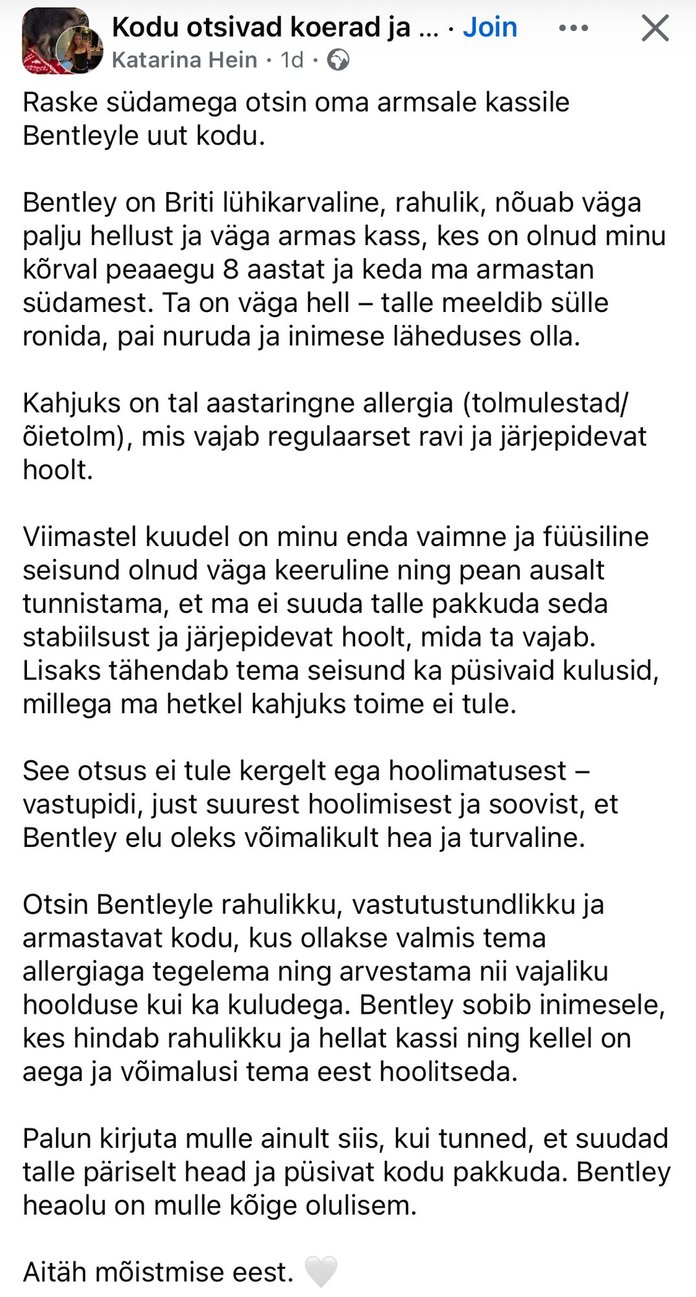 Katarina Heina postitus Facebooki grupis