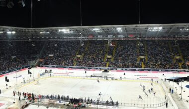 VIDEO | 32 000 fänni ja 12 külmakraadi. Saksa jäähokiliiga kohtumine peeti jalgpallistaadionil lageda taeva all