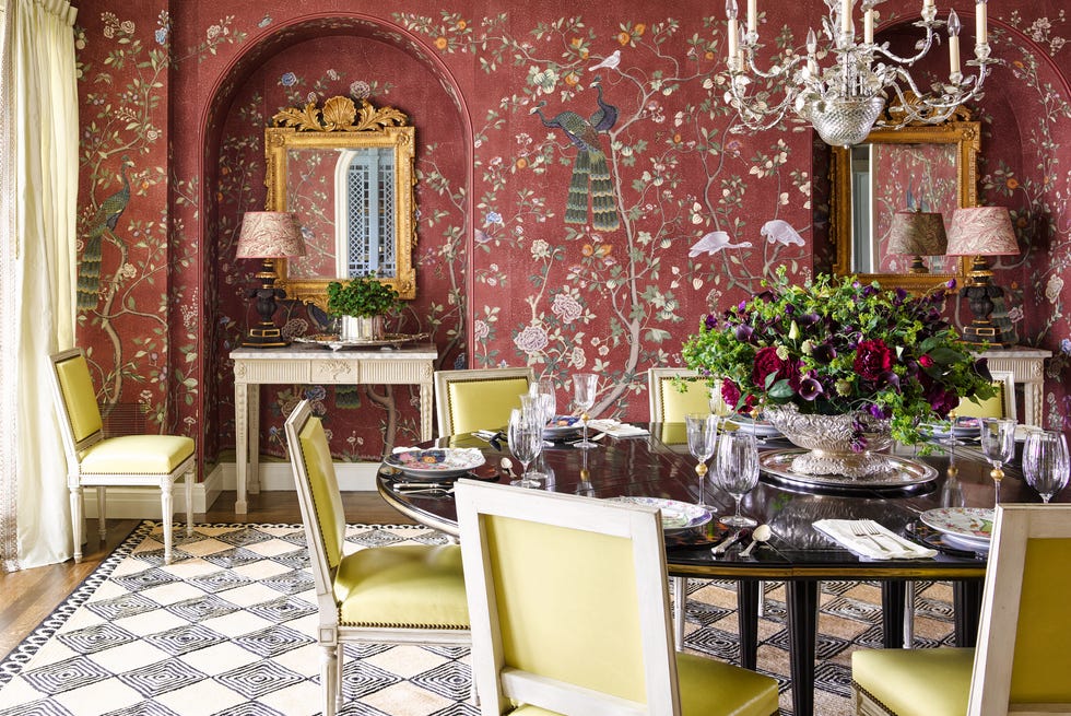 bromley samora st louis home tour dining room aubergine mural wallcovering chartruese leather dining chairs