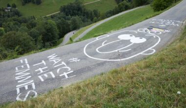 un grafiti en la carretera que dice watch the femmes junto al dibujo de una cara con nariz con forma de pene