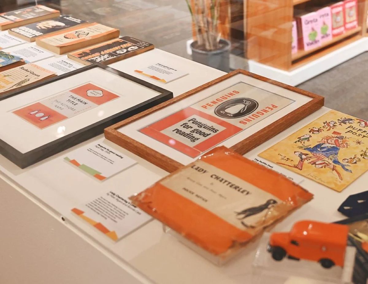 A table of Penguin memorabilia at the Penguin pop up
