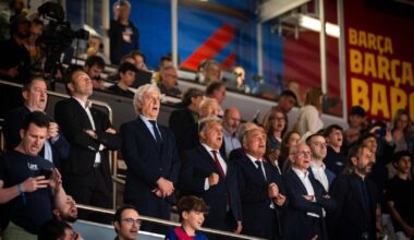 Joan Laporta, Rafa Yuste, Ferran Olivé y Miquel Camps en el Palau Blaugrana junto a Josep Cubells para apoyar al Barça de basket