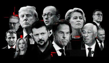 De izquierda a derecha, Macron, Starmer, Meloni, Trump, Zelenski, Merz, Rutte, Von der Leyen, Costa, Stubb y Tusk.
