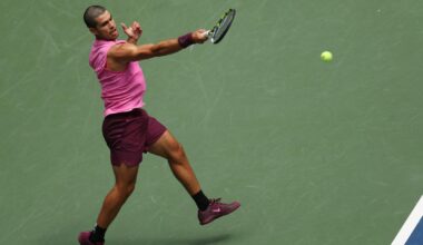 Alcaraz, durante su duelo contra Darderi en tercera ronda del US Open.