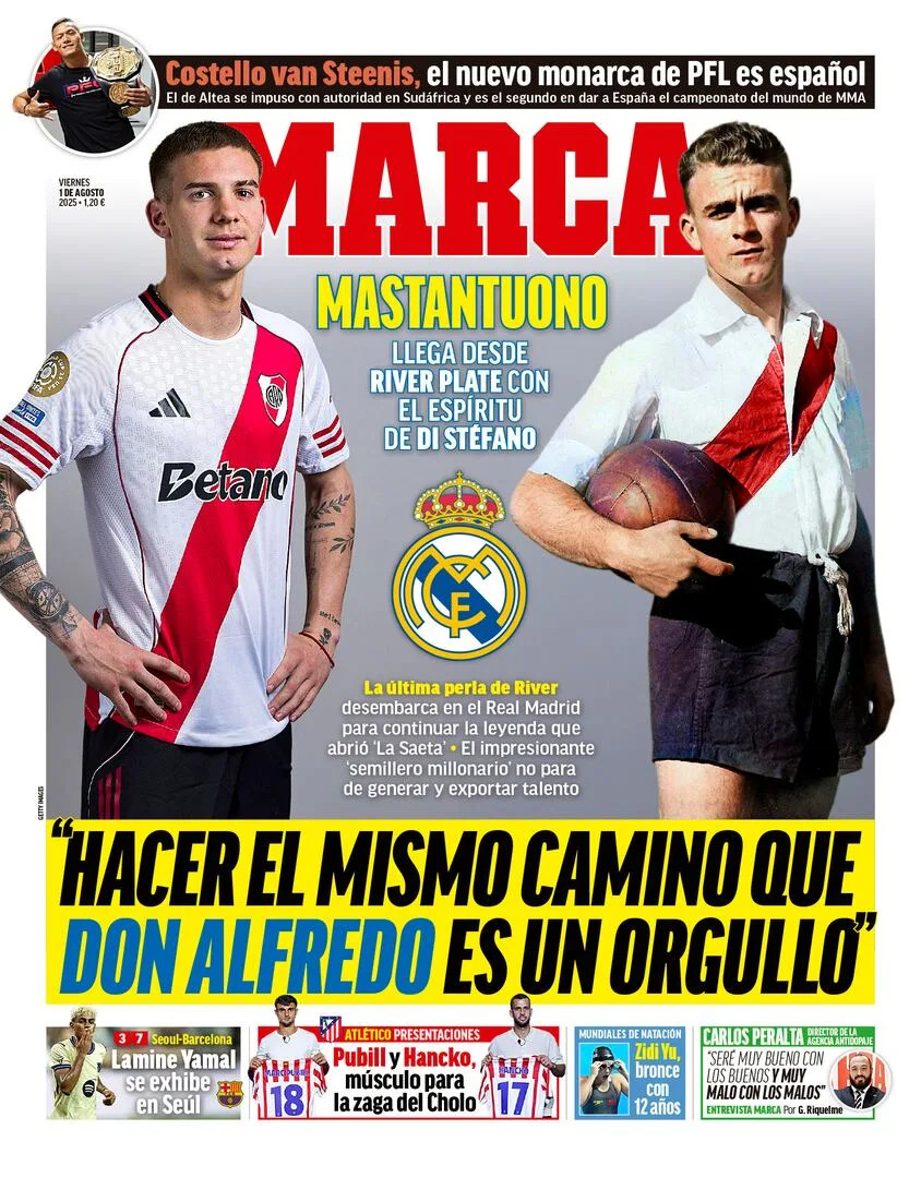 La tapa en la que el diario español Marca compara a Franco Mastantuono con Alfredo Di Stéfano, un argentino histórico de River y también de Real Madrid.