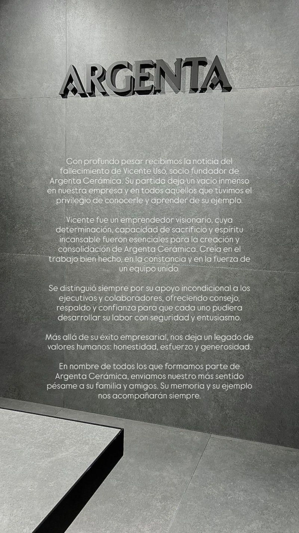 Nota de condolencia de Argenta por el fallecimiento de Vicente Usó.