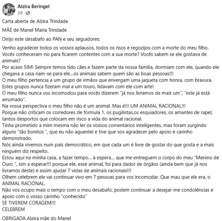Alzira Beringel, madre de Manuel Maria Trindade, utilizó sus redes sociales para defender la memoria de su hijo y responder a las críticas tras su trágica muerte (Fuente: Facebook)