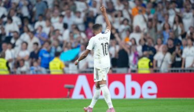 Kylian Mbappé celebra el único tanto del partido en el Bernabéu.