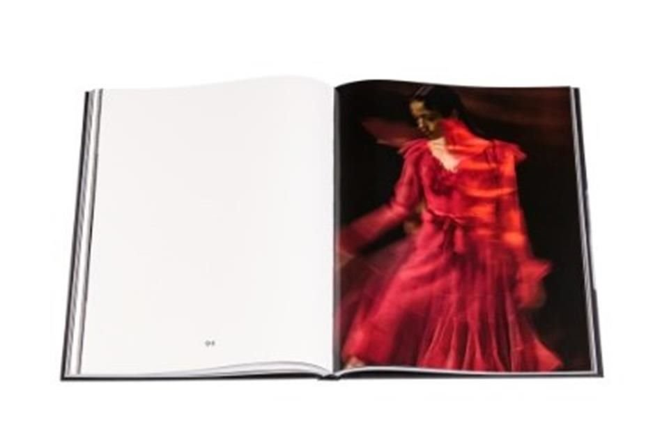 Un adelanto en el material que incluye el libro, son algunas fotografías de vestidos de la marca, uno en mangas largas en color rojo y junto a el, una breve descripción y anotaciones del diseñador.