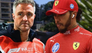 Composite image of F1 pundit Ralf Schumacher in a media vest with Lewis Hamilton in Ferrari kit