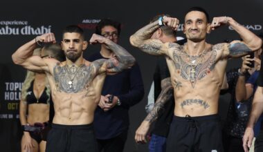 Ilia Topuria y Max Holloway, en su careo previo al UFC 308