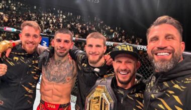 Javi Climent, Ilia y Aleksandre Topuria y Agustín y Jorge Climent, tras la victoria ante Holloway