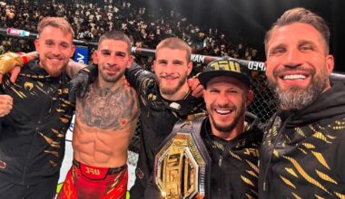 Javi Climent, Ilia y Aleksandre Topuria y Agustín y Jorge Climent, tras la victoria ante Holloway