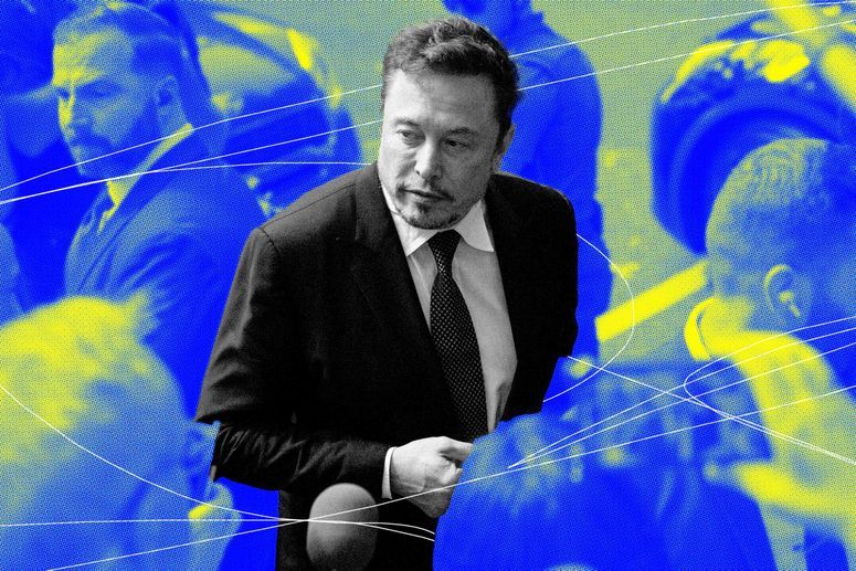 Fotoilustración azul y amarilla de Elon Musk caminando entre una multitud con líneas blancas arremolinándose a su alrededor