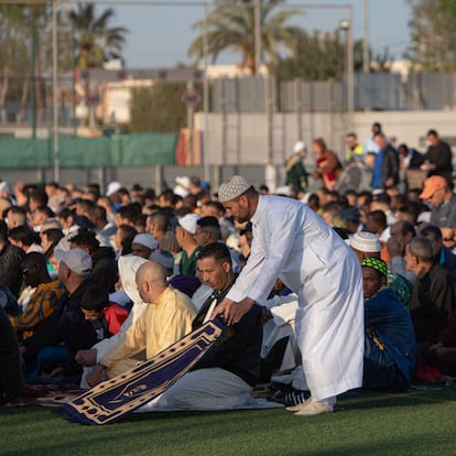 CARTAGENA, SPAIN- APRIL 21: Muslims gather to perform prayer of Eid al-Fitr that marks end of the fasting month of Ramadan, one of the holiest months in the Islamic calendar, in Torre-Pacheco, Cartagena, Spain on April 21, 2023. (Photo by Loyola Perez De Villegas Muniz/Anadolu Agency via Getty Images)
