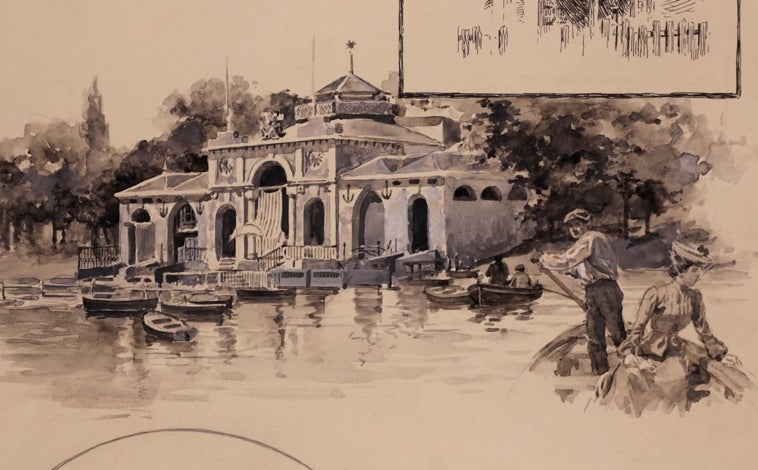 Imagen principal - 'Embarcadero del Retiro', publicado en abril de 1905; dibujo del jardín de la Vicaría del Palacio Arzobispal (1913); 'Iglesia de la Buena Dicha (1898)'.