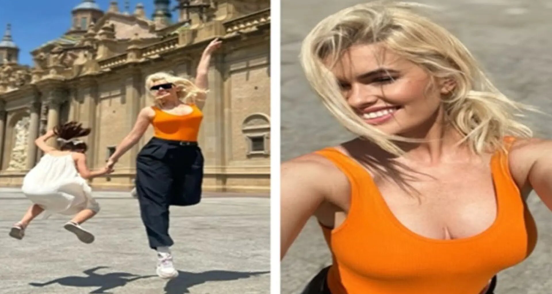 Adriana Abenia y su hija Luna tocan el cielo en la plaza del Pilar de Zaragoza