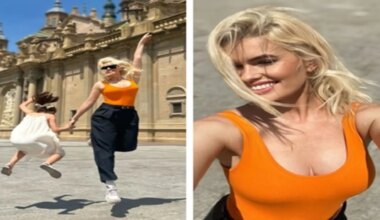 Adriana Abenia y su hija Luna tocan el cielo en la plaza del Pilar de Zaragoza