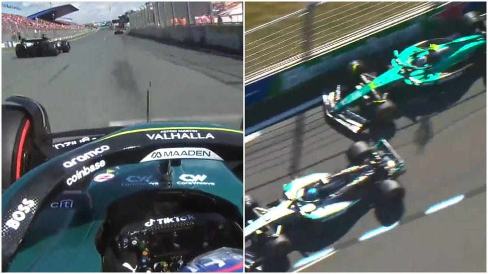 a formula 1 race scene showing a car view from the cockpit and a closeup of two cars racing closely