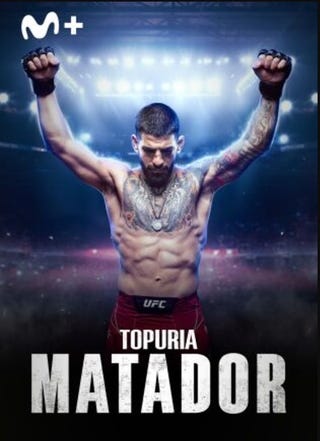 promotional image for a ufc fighter named topuria showcasing a triumphant pose