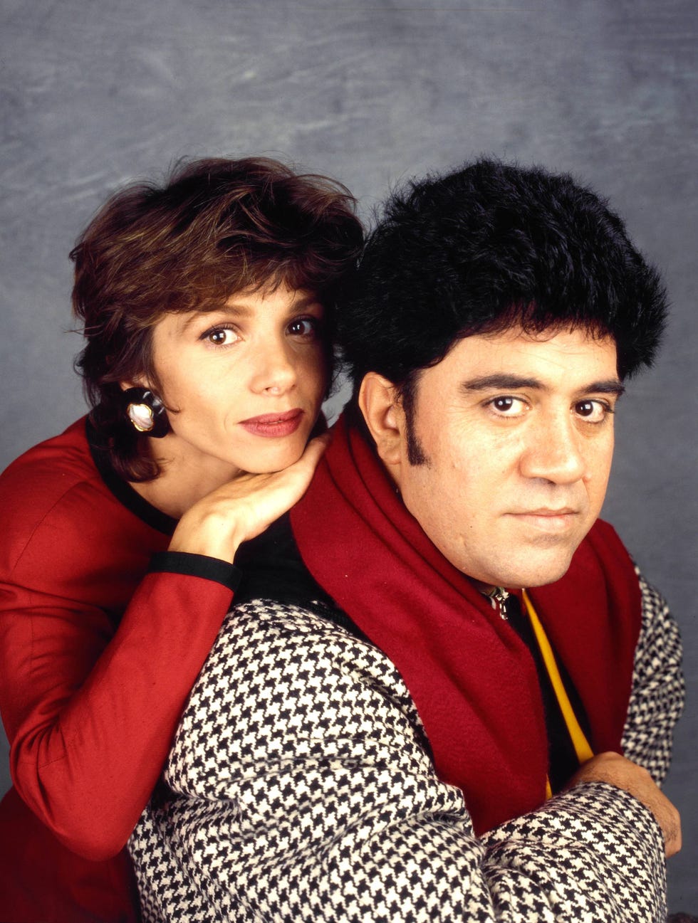 paris, france 09/02/1992: director pedro almodovar and actress victoria abril poses during a portrait session in paris, france on 09/02/1992. (photo by eric fougere/corbis via getty images)