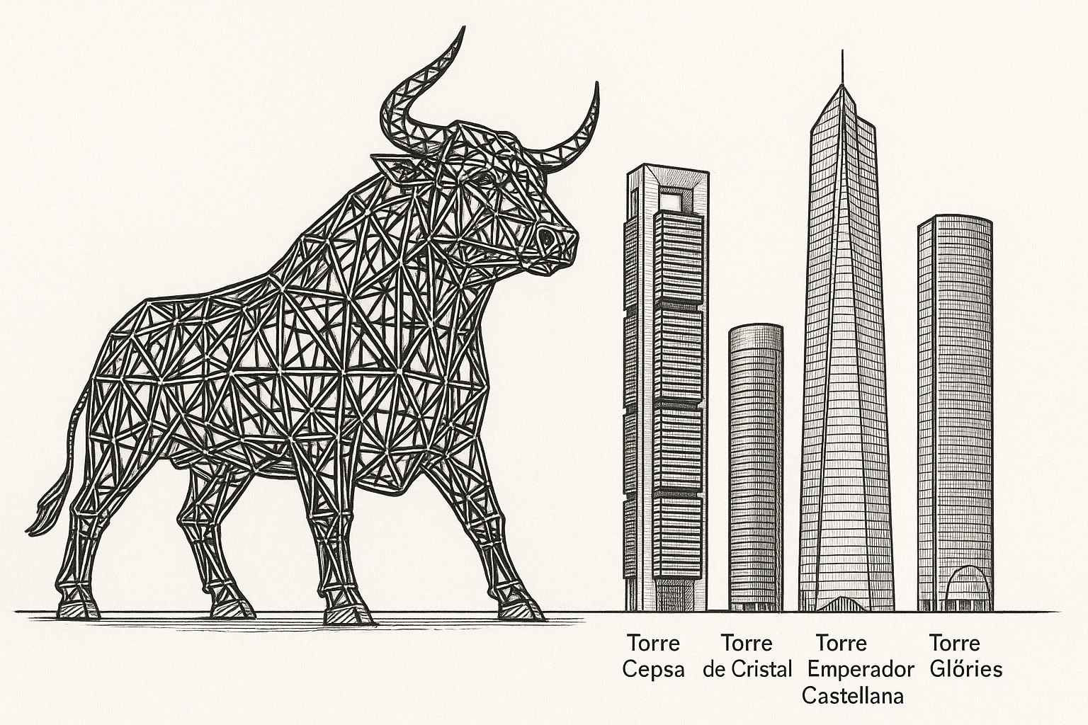 Imagen del toro metálico coparado con los edificos más altos de España.