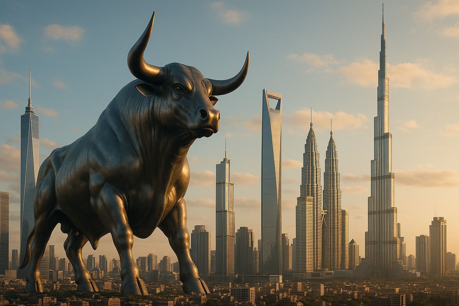 Imagen del toro metálico comparado con los edifios más altos del mundo.
