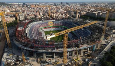 El Camp Nou durante el proceso de reconstrucción