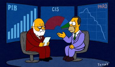 Pedro Sánchez y José Félix Tezanos caracterizados como Homer Simpson y Kent Brockman en