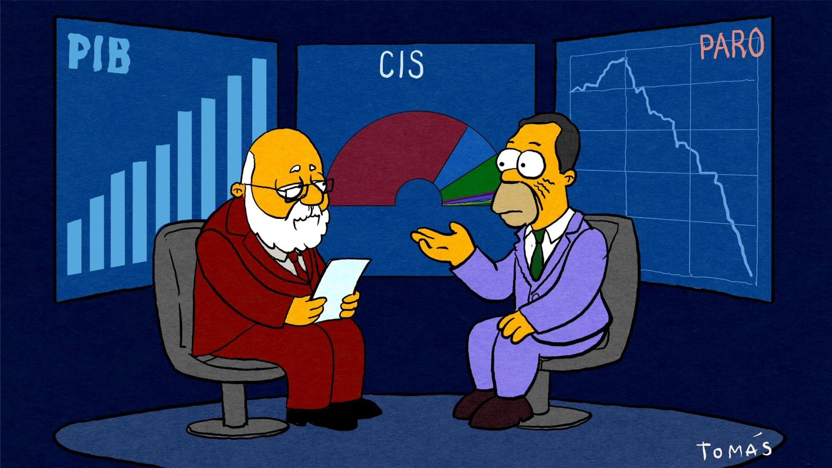 Pedro Sánchez y José Félix Tezanos caracterizados como Homer Simpson y Kent Brockman en